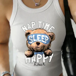 Cute Bear Nap Time Happy Prints Women Basic Cotton Tank Tops Summer Slim Soft Sleeveless Vest Casual O-Neck Elastic Tank Shirts