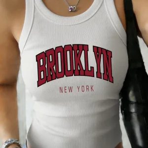 Brooklyn New York Printing Women Casual Soft Undershirt Basic O-Neck Elastic Tank Tops Summer Cotton Slim Fit Sleeveless Vest