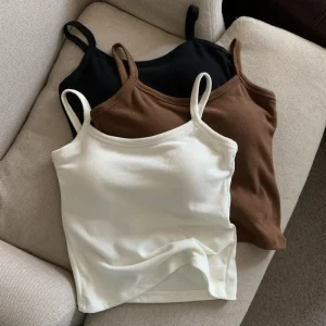 Women's Solid Color Spaghetti Straps Sleeveless Slim Camisole with Chest Pad Summer Wear Outside Female Short Tops Vests